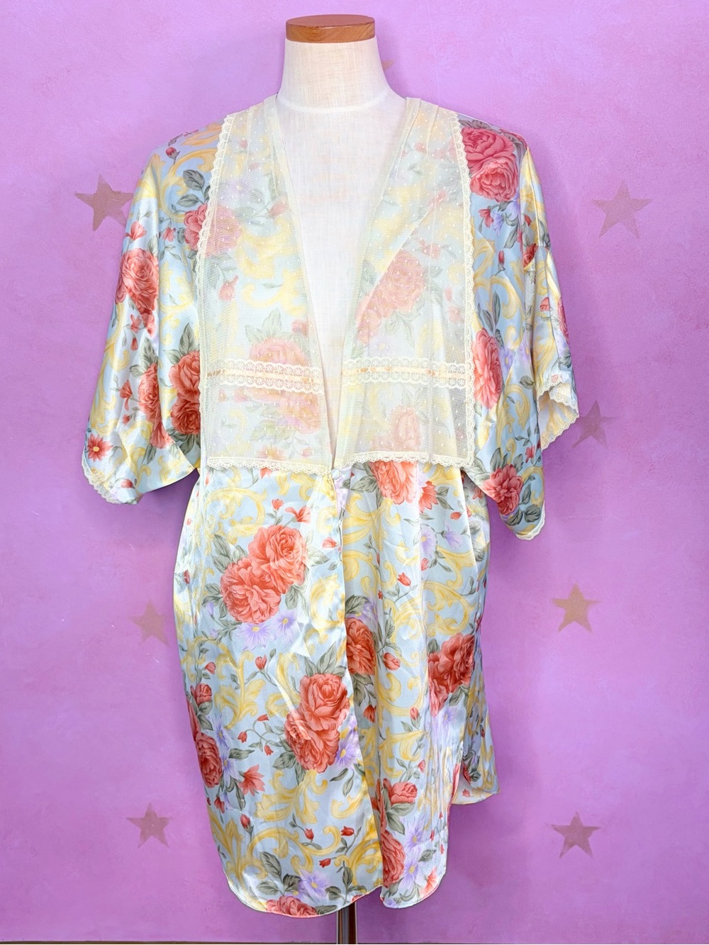 Victorias Secret Gold Label Vintage 80s Satin Kimono Robe Floral Womens Medium